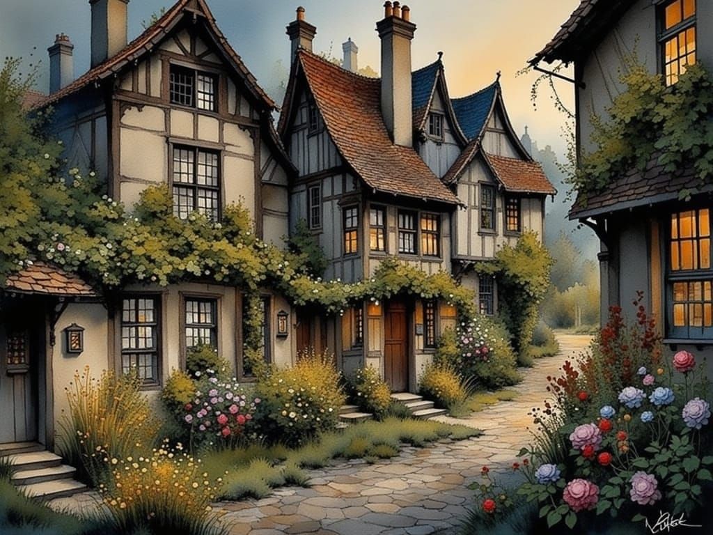Whimsical English Village Scene at Dusk with Intricately Det...