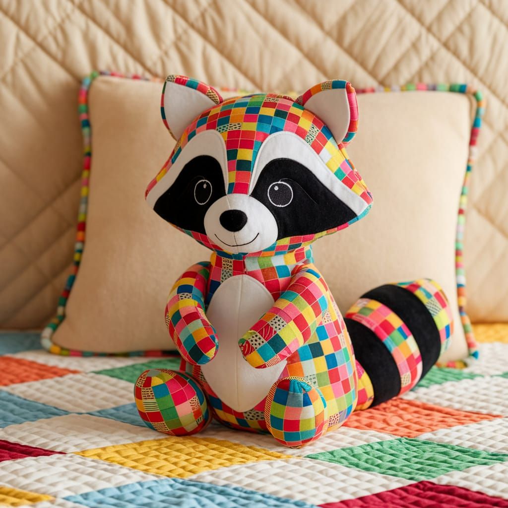 Vibrant Quilted Raccoon Textile Masterpiece in Cozy Home Set...