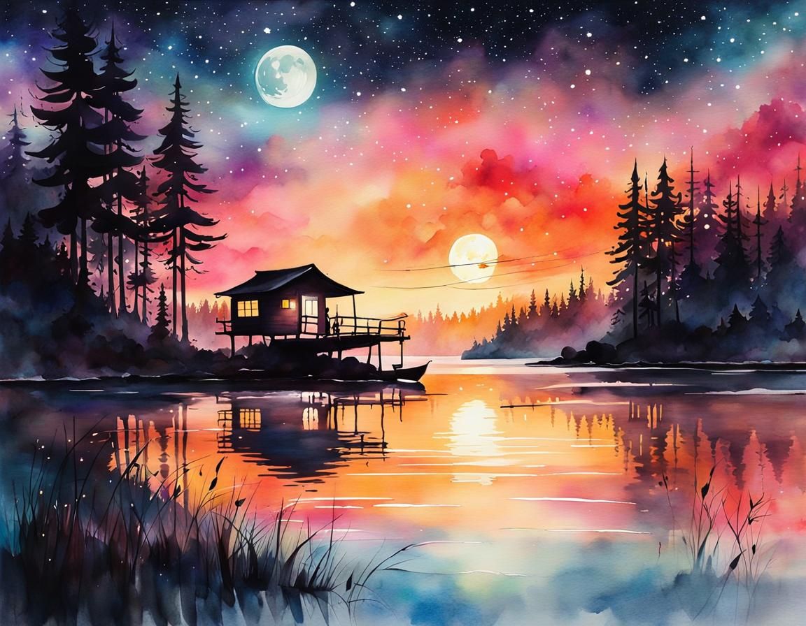 Tranquil Lake Cabin: A Watercolor Masterpiece