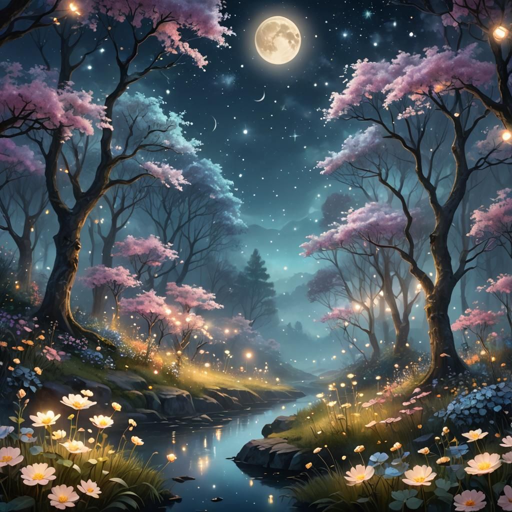 Magical Forest at Midnight: Anime-Inspired Digital Art