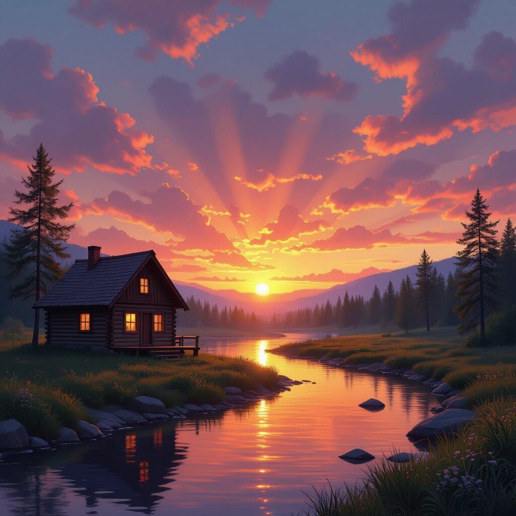 Sunrise Over Serene River and Cabin in Luminous Style