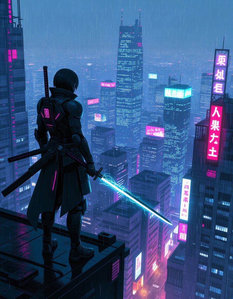 Cyberpunk Samurai on Neon Skyscraper in Gritty Cityscape