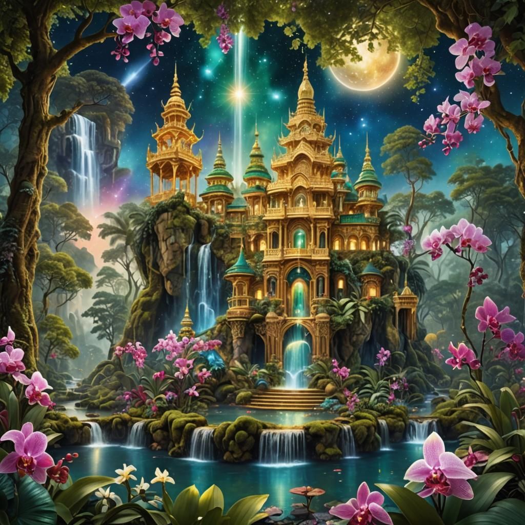 Ethereal Glowing Palace Under Sparkling Stars