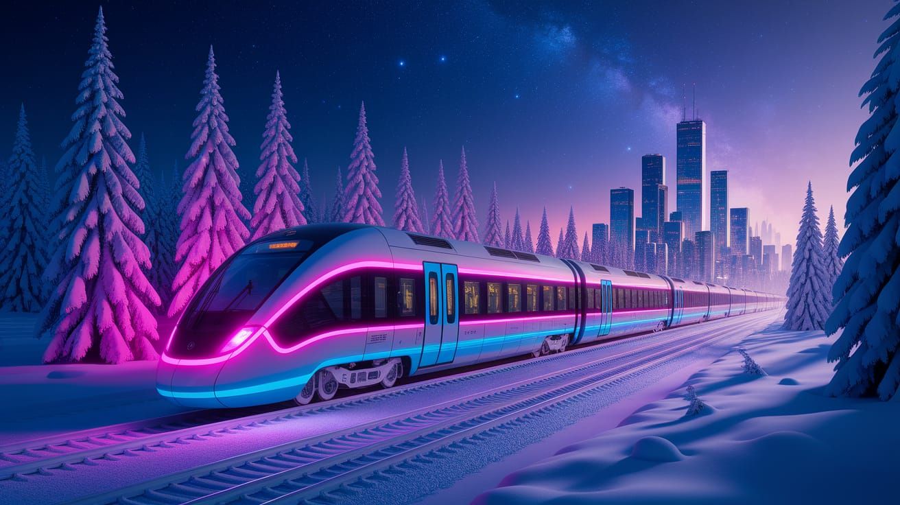 Neon Pink Train Glides Through Futuristic Winter Wonderland