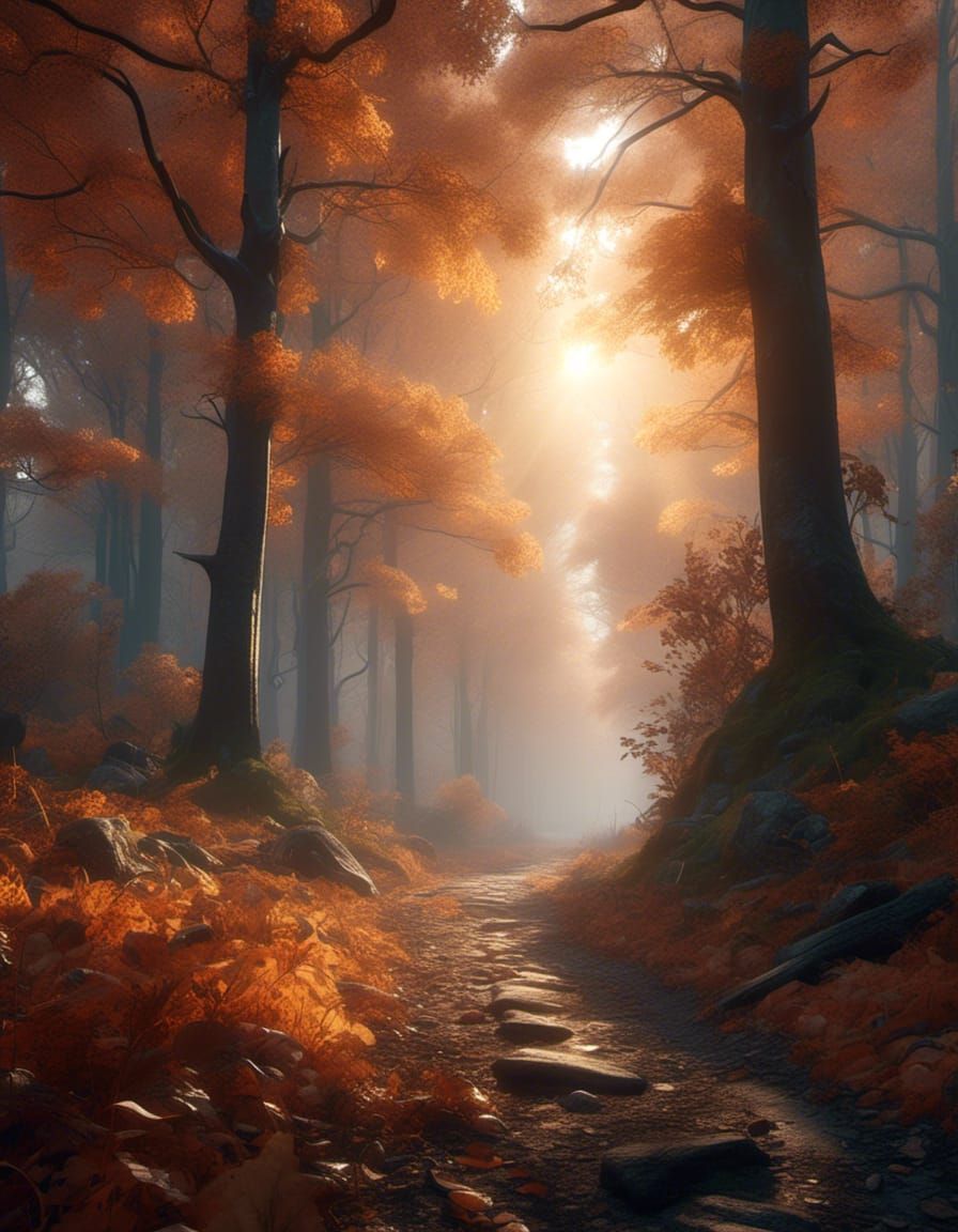 Hyperrealistic Autumn Forest Landscape at Sunrise
