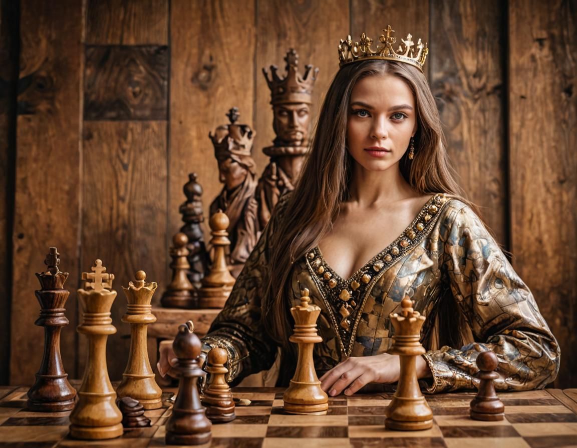 Woman as Chess Queen Wood Sculpture