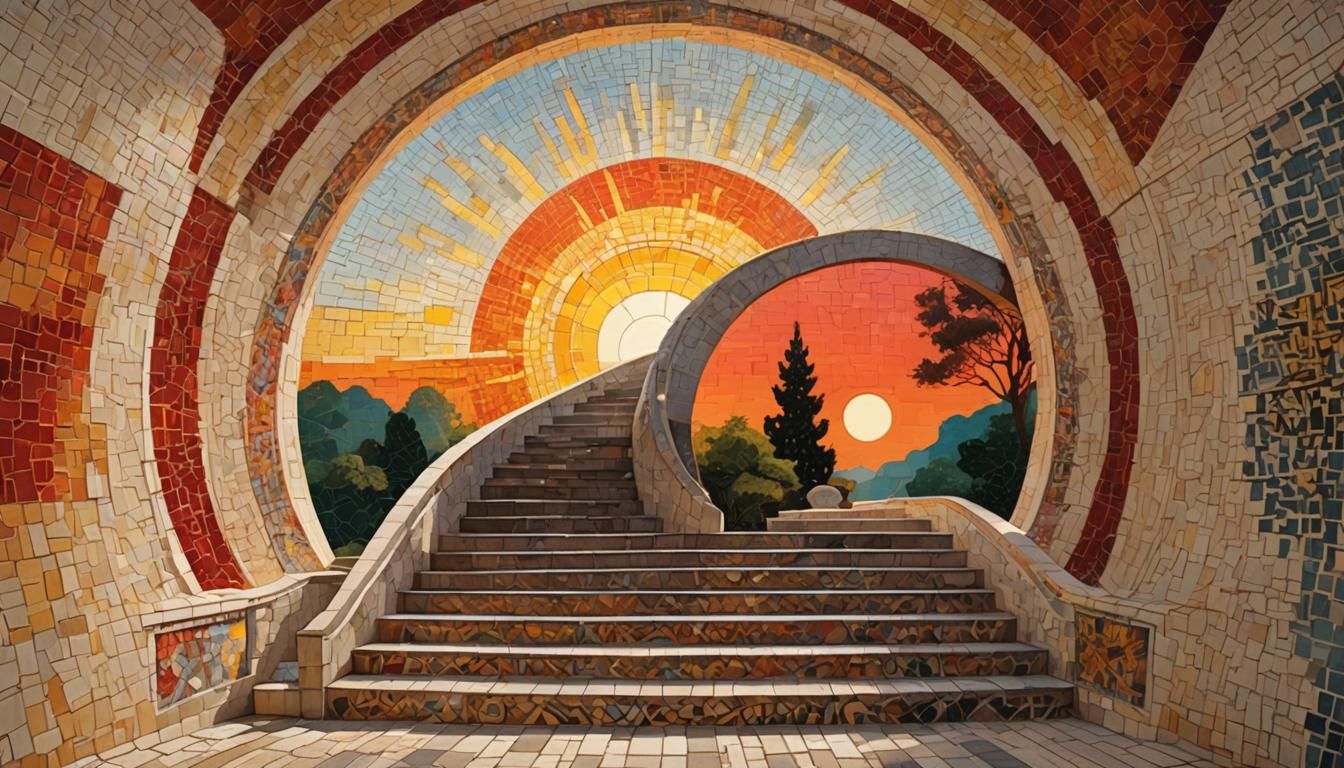 Mosaic Landscape with Red-Orange Sun