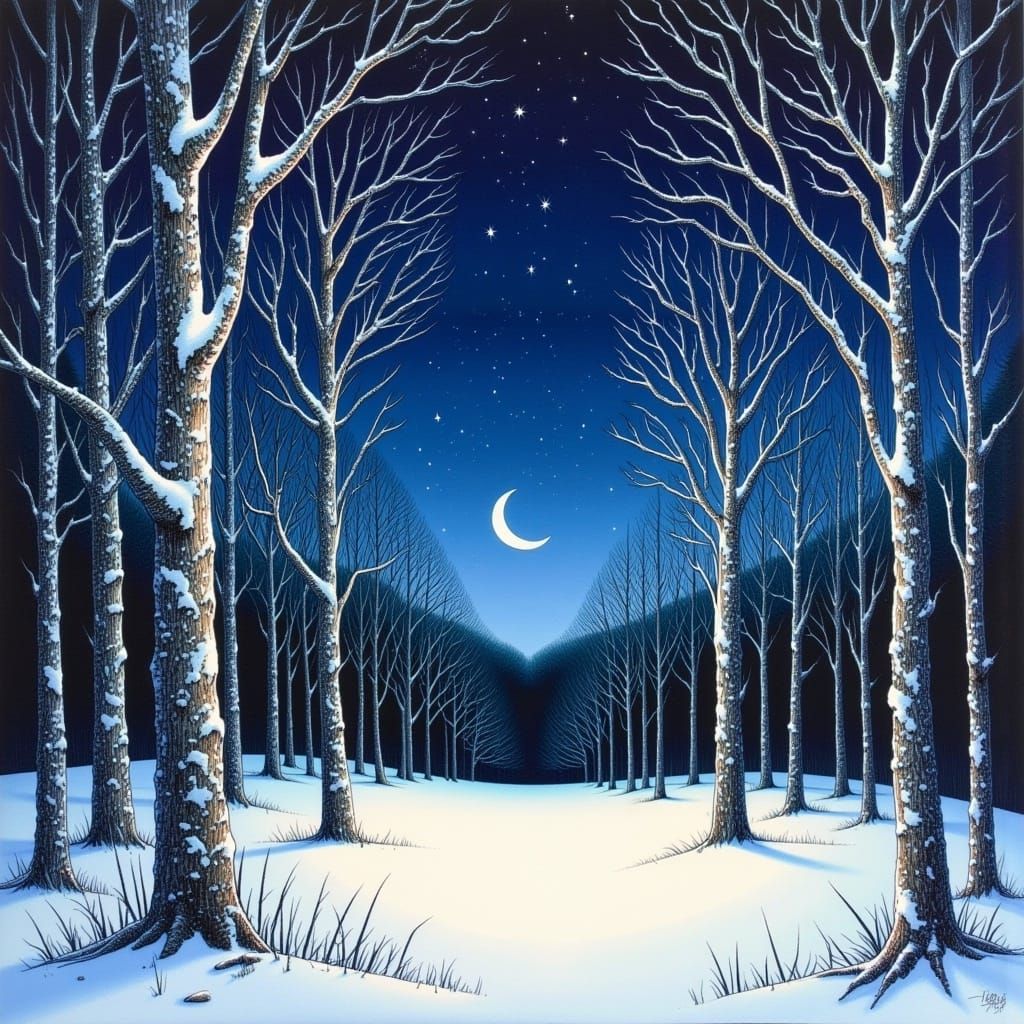 Winter Forest Clearing Under Starlit Sky