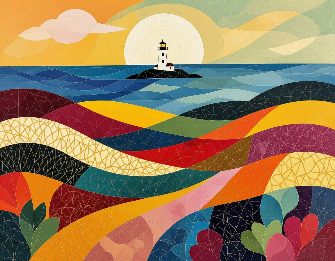 Embroidered Landscape with Lighthouse in Jewel Tones