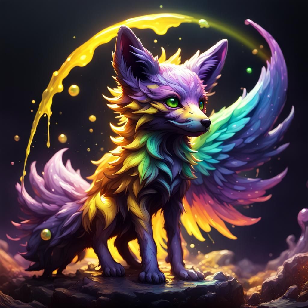 Rainbow Slime Fox Pup in Dark Fantasy Style