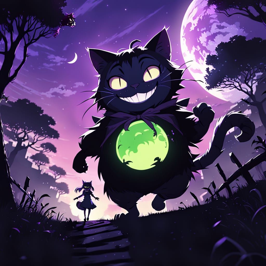 Ghibli-Inspired Cheshire Cat Girl Illuminated by Vibrant LED...