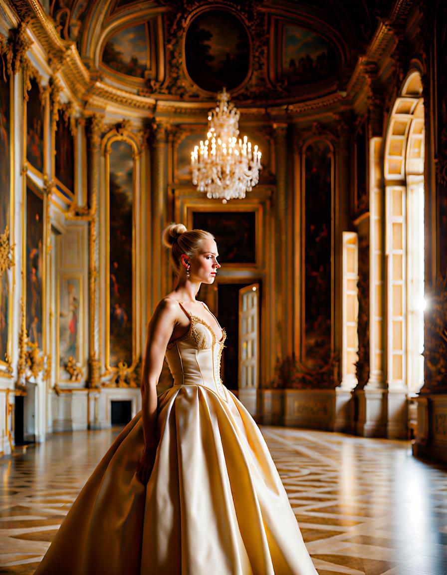 Woman in Gold Corset in Royal Palace Ballroom