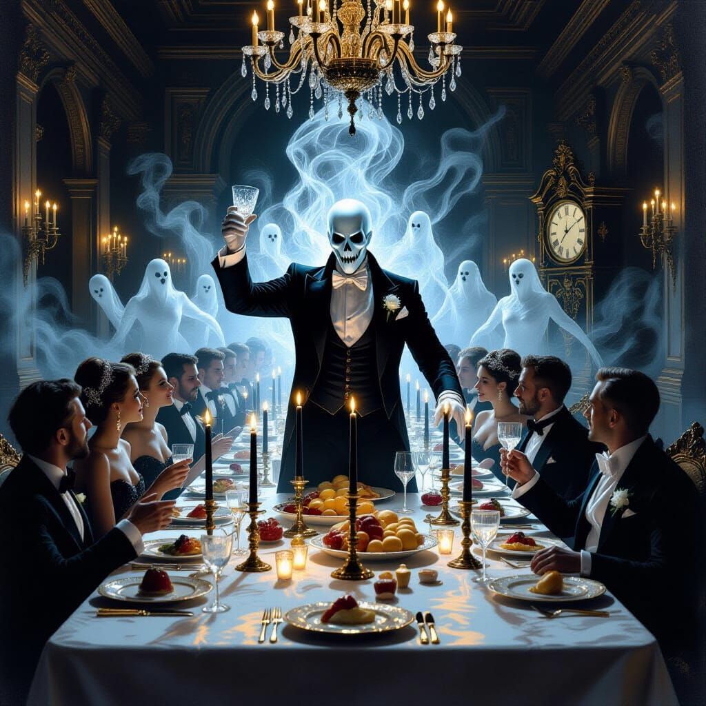 Spectral Host Raises Glass in Endless Midnight Ballroom