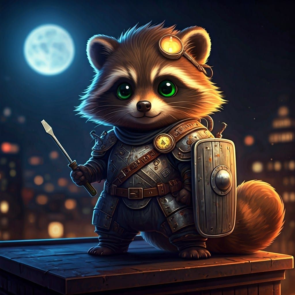 Kawaii Steampunk Raccoon Warrior in Trash Armor