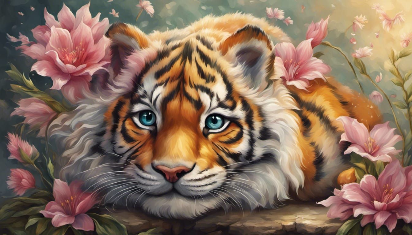 Magical Chibi Tiger Cub with Flowers