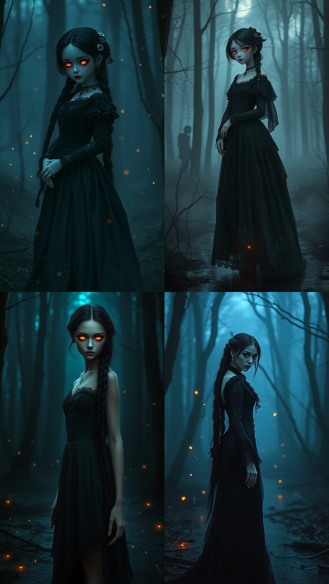 Eerie Doll with Fiery Eyes in Dark Forest