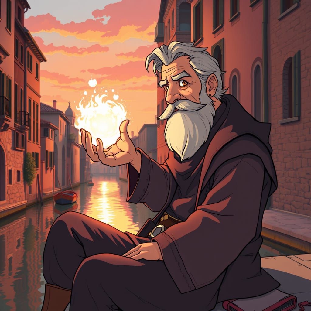 Ethereal Renaissance Magician Captured in Warm, Rosy Light