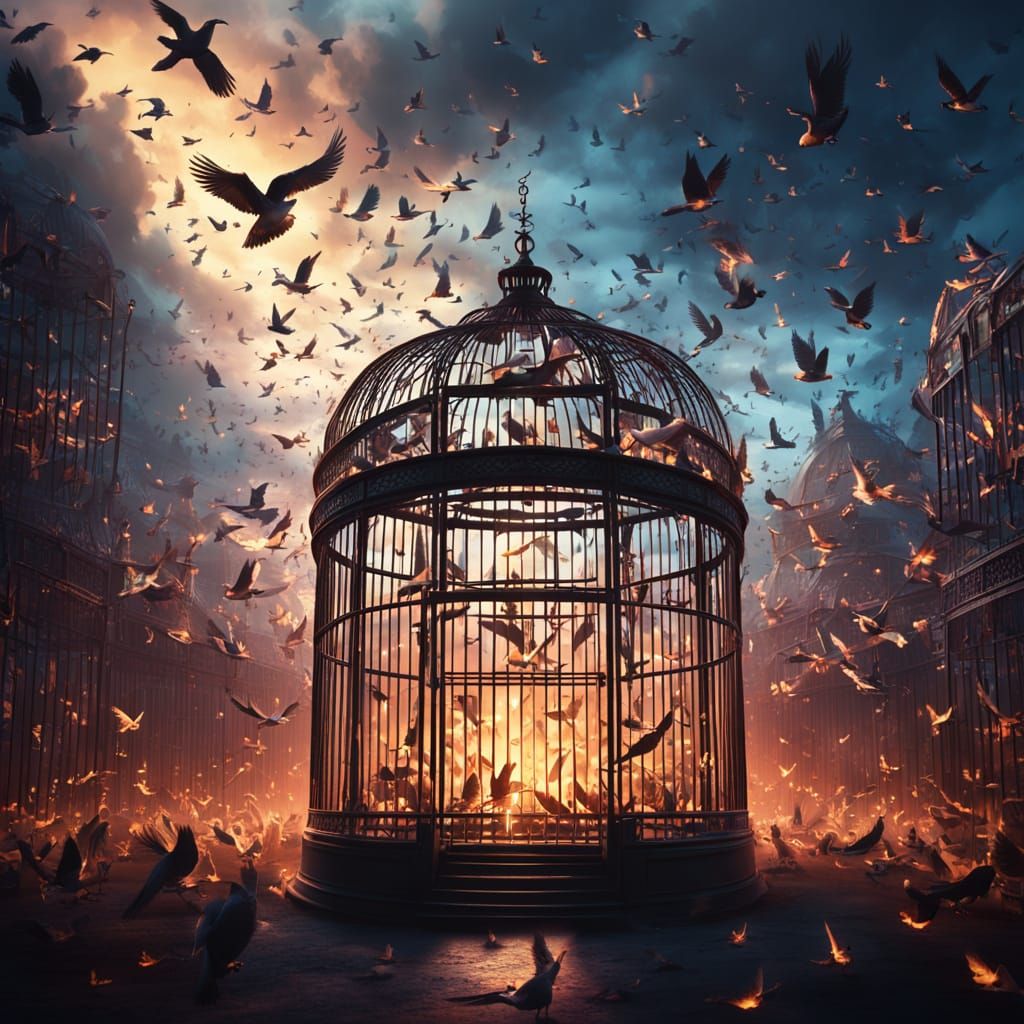 Glowing Birds Escape Open Cage In Epic Digital Matte Paintin...