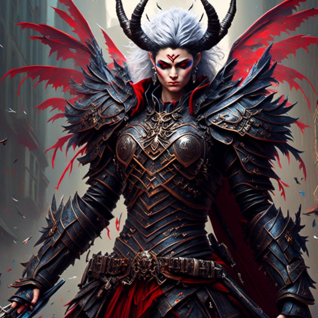 Half-Demon Samurai with Black Wings in Hyperrealistic Style