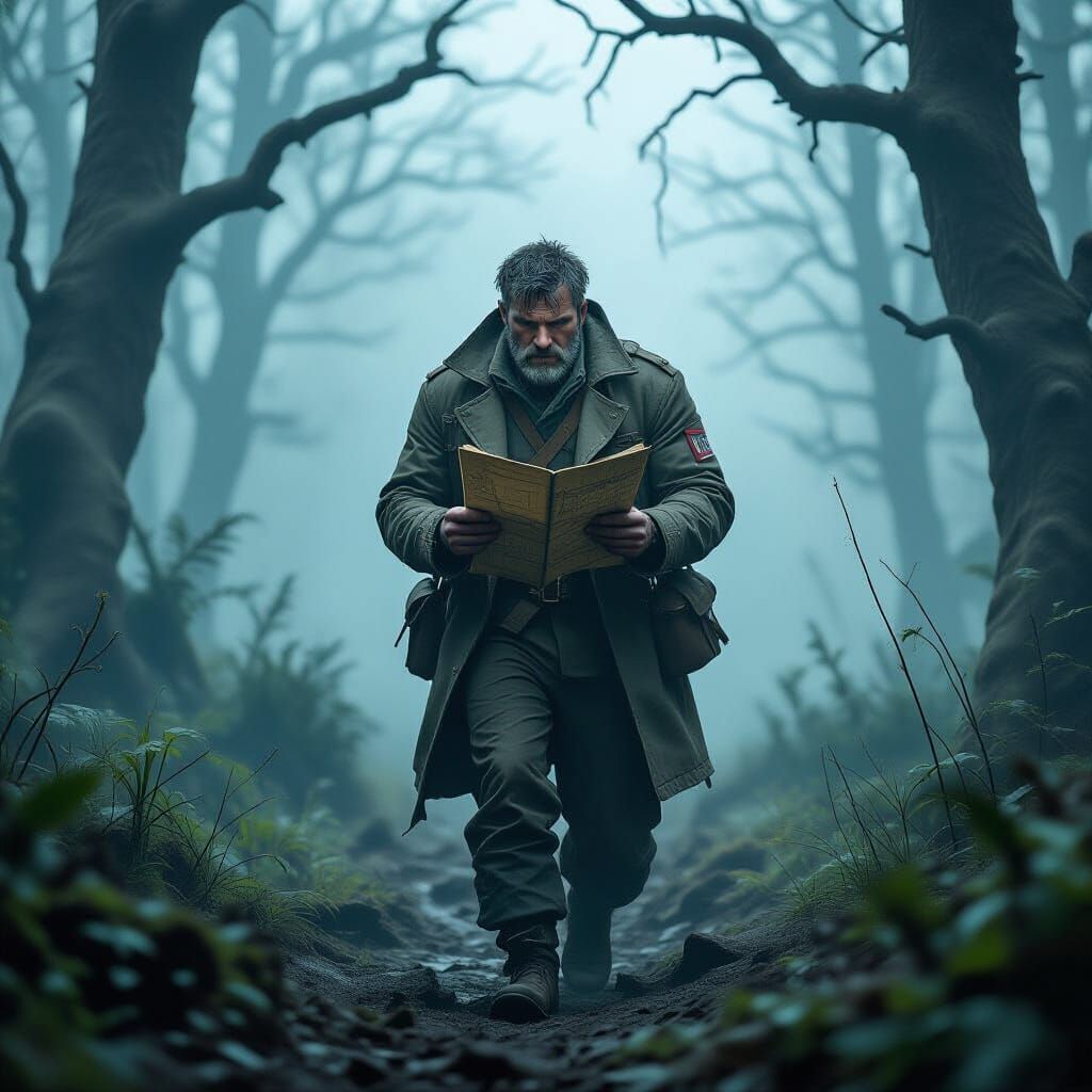 Survivor in Foggy Forest, Cinematic Detailed Art