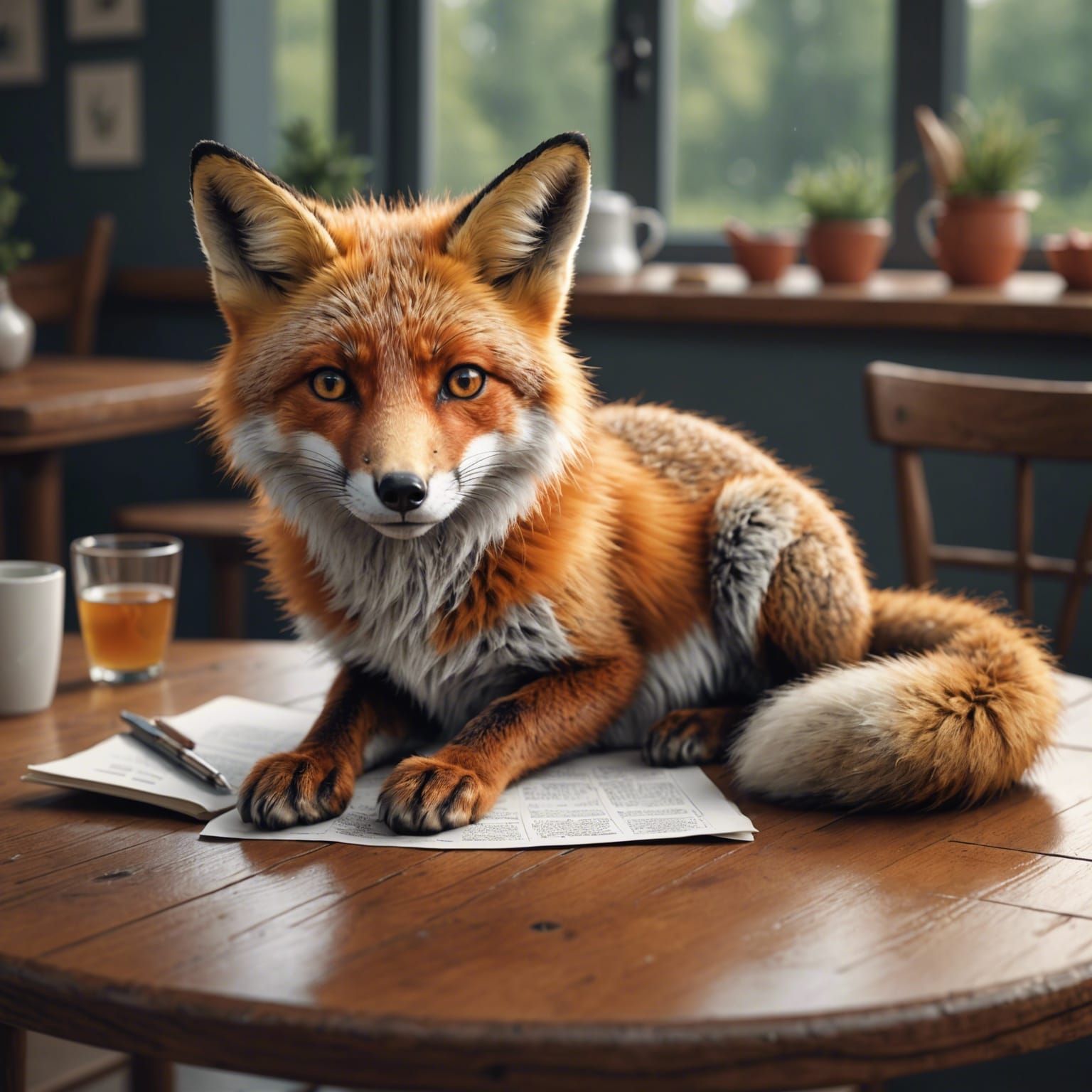 Cute fox sat on table.