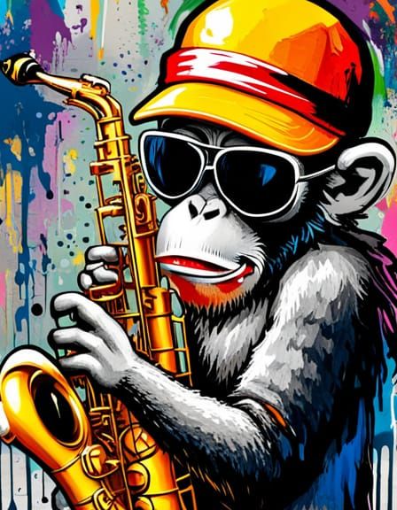 Sad Monkey Saxophonist in Graffiti Street Art