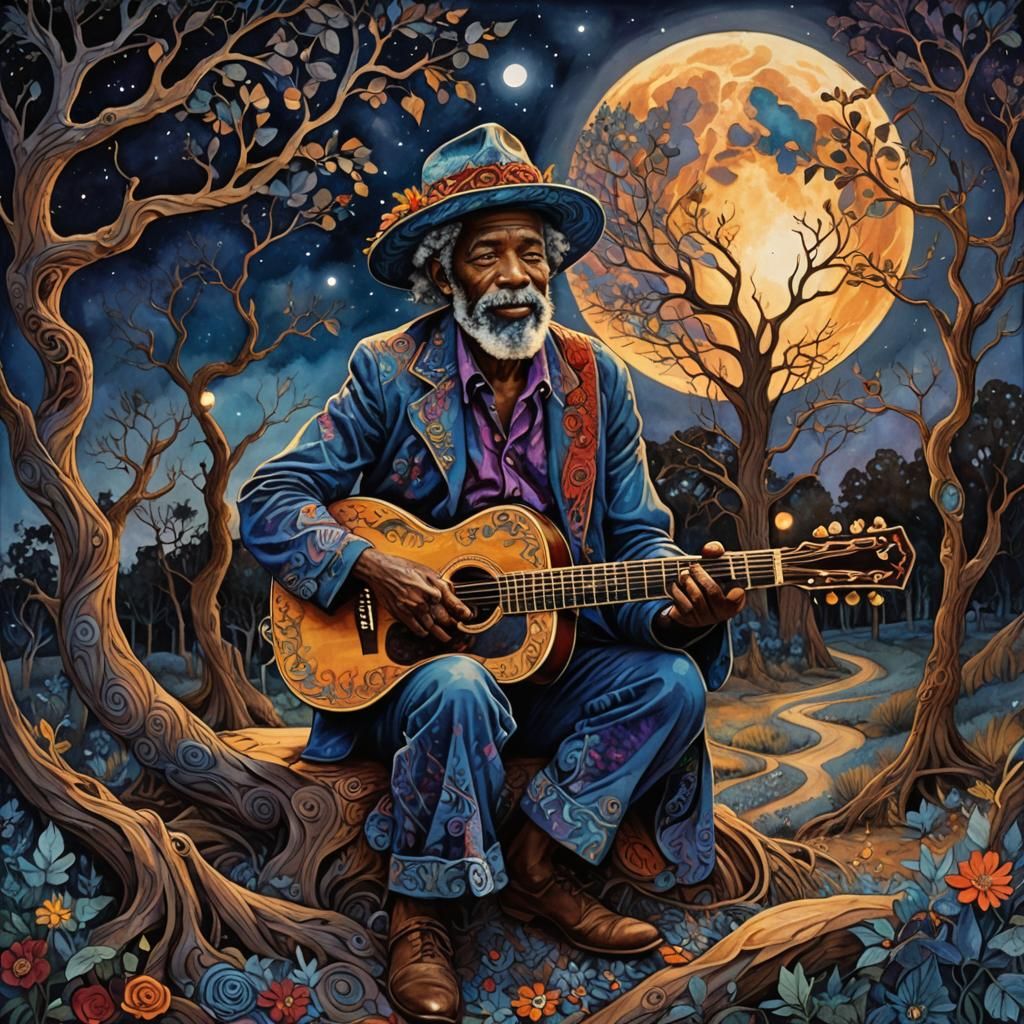 Bluesman at Crossroads in Alcohol Ink Style