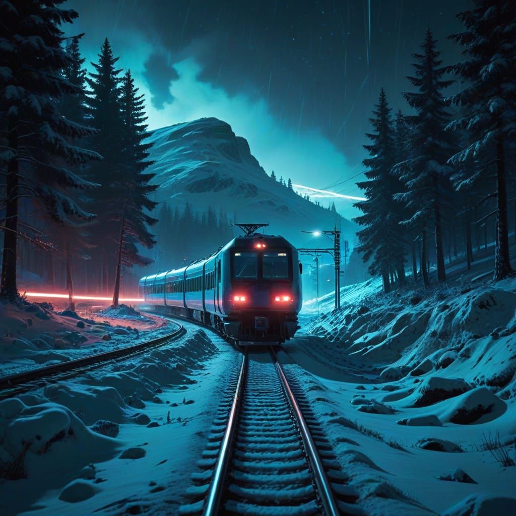 Cyberpunk Train in Snowy Winter Landscape