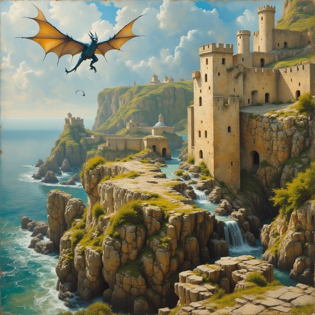 Dragon Over Coastal Fortress in Oil Paint Style