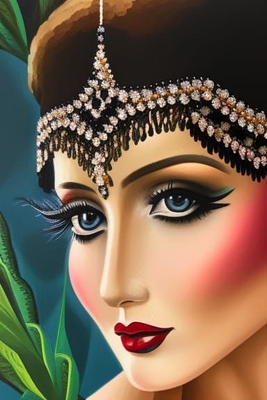 Flapper Girl Gouache Portrait with Lace and Sequins