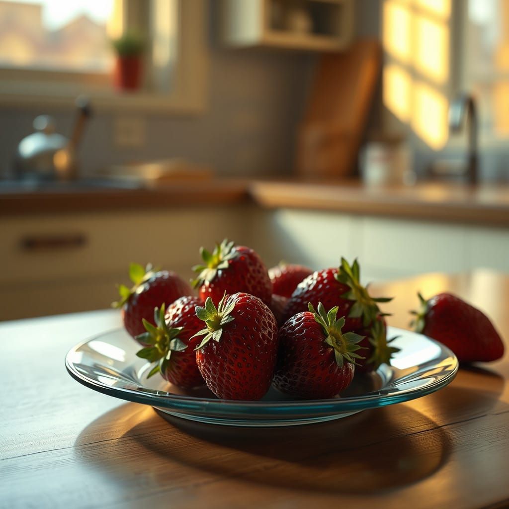 Surreal Hyperrealistic Still Life of Red Strawberries in Gol...