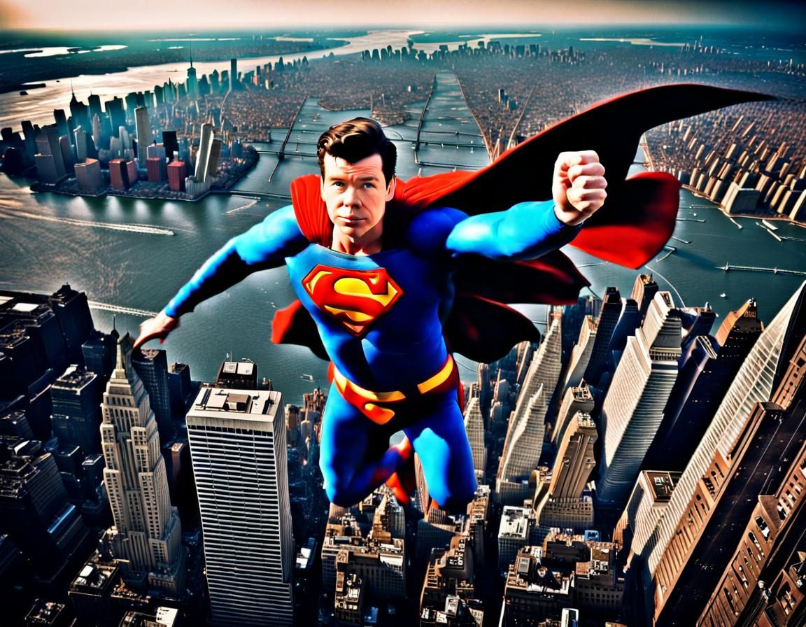 Rick Astley as Superman Flying Over New York