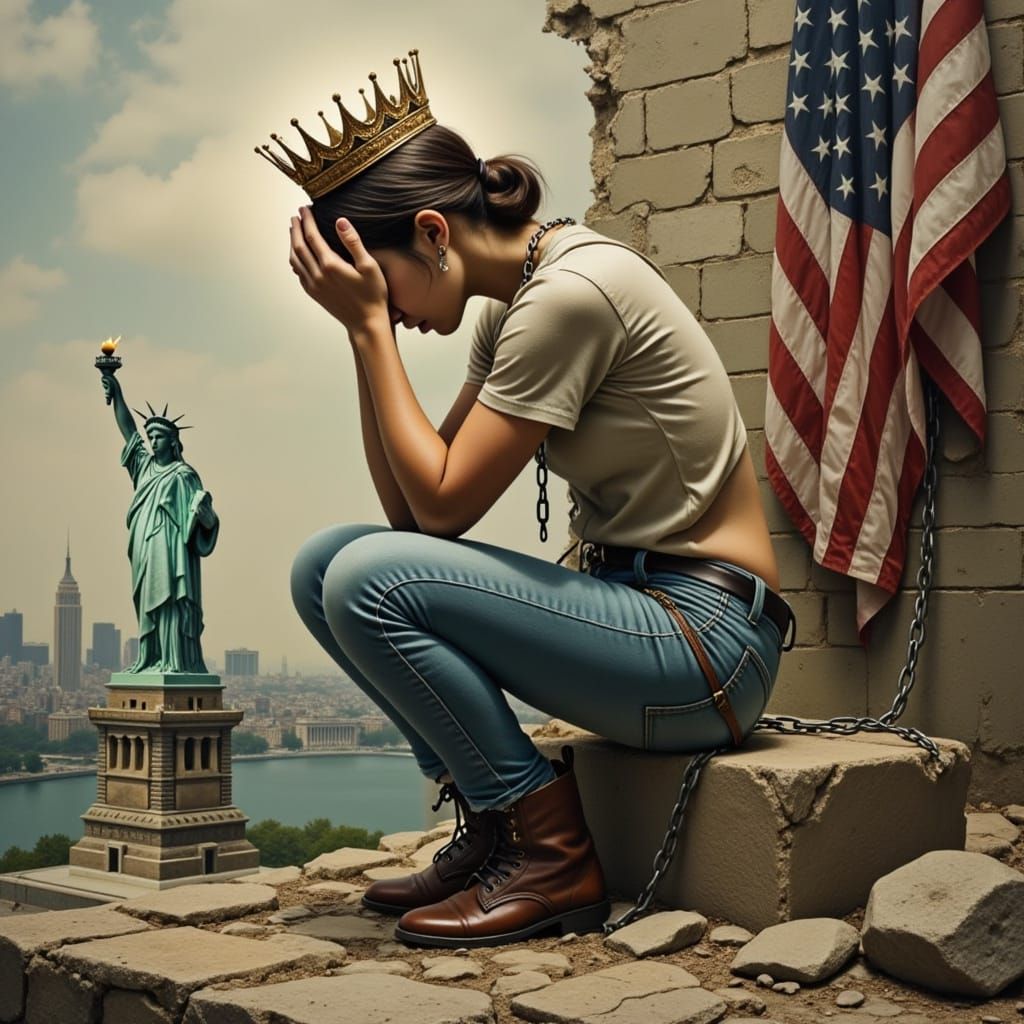 Create a detailed, symbolic artwork in a realistic style depicting  <lora:Phaedra Flux:1.0> wearing a tattered shirt, bl...