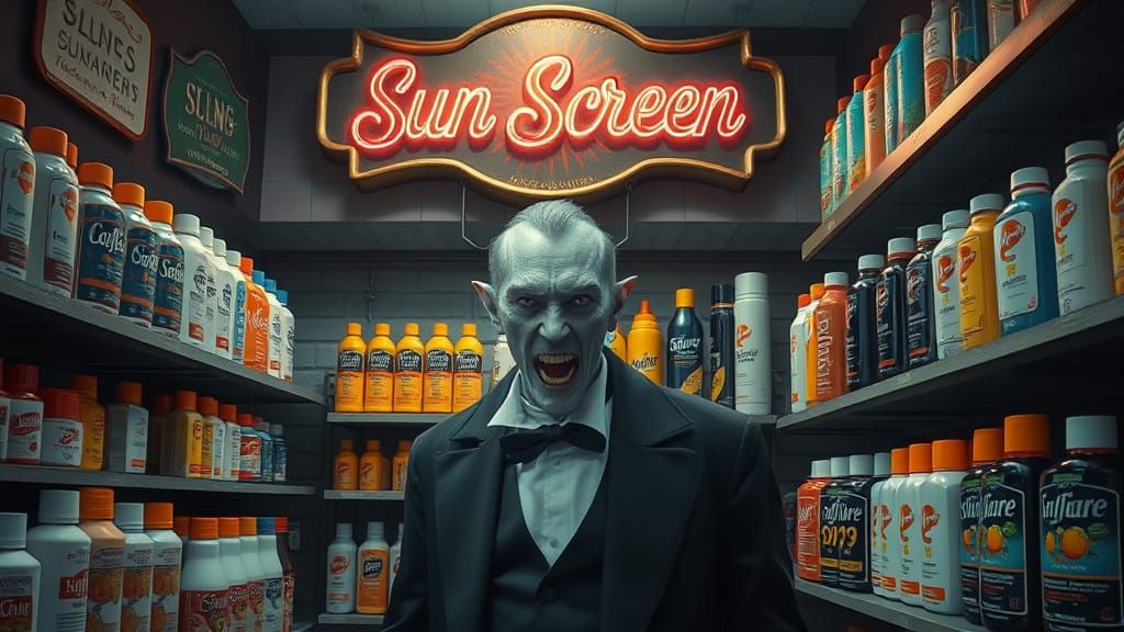 Gothic Vampire Shops for Sunscreen in Retro-Style Pharmacy