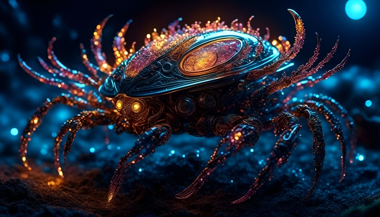 Cybernetic Bioluminescent Crab on Beach as Van Gogh Art