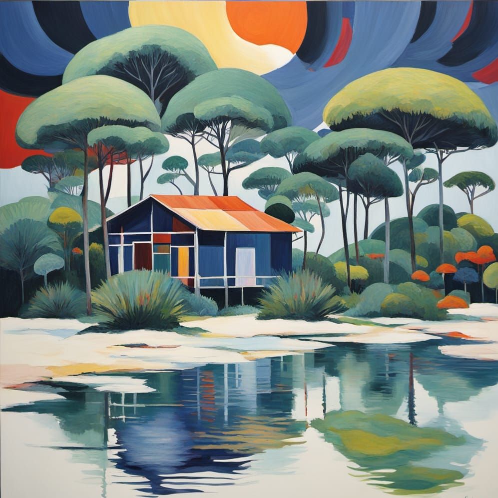 Abstract Surrealism Painting of Rangitoto in Bauhaus Fauvism...