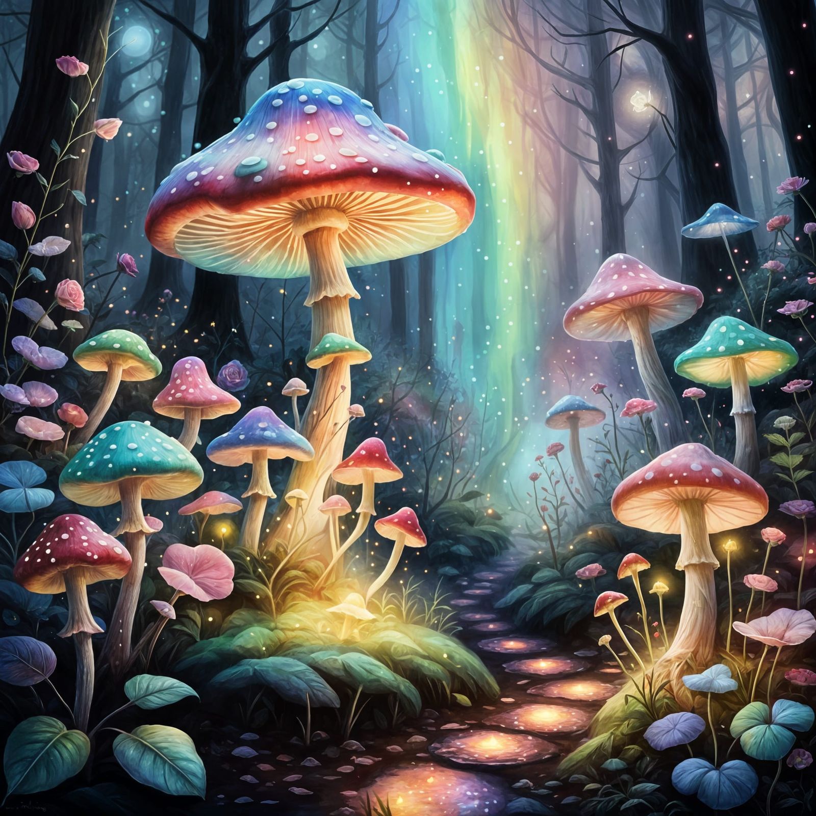 Pastel Rainbow Toadstool in Mystical Rose Forest