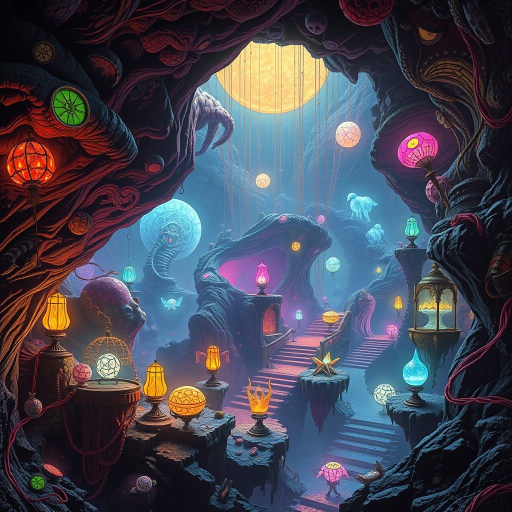 Ethereal Dreamscape with Glowing Artifacts and Volumetric Li...