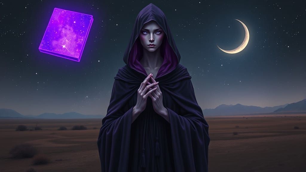 Cosmic Being in Violet Cloak, Surrounded by Stars and a Glow...