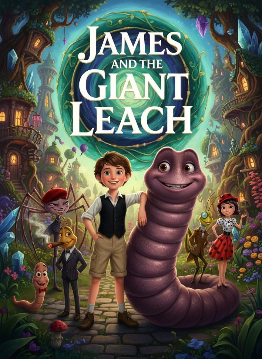 Disney Pixar Style Movie Poster: Boy and Giant Leach Friends