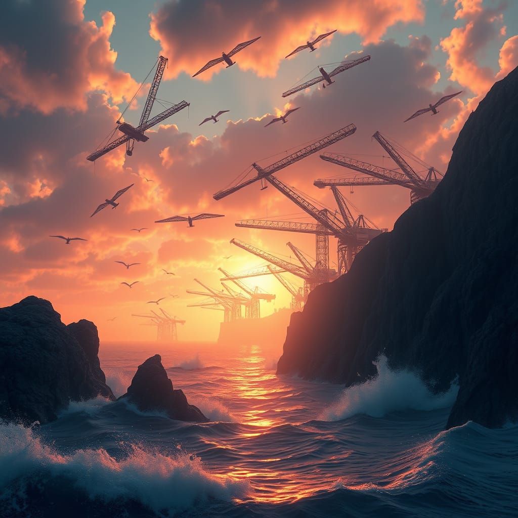 Majestic Cranes Soar Above the Ocean's Horizon