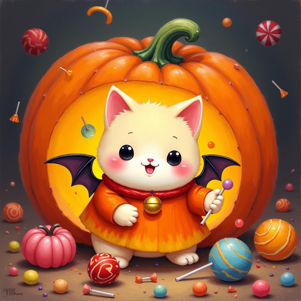 Kawaii Halloween Cat in Pumpkin, Maximalist Gouache Art