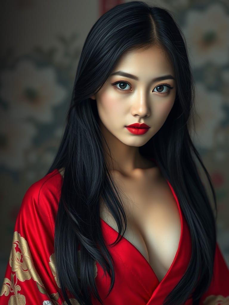 Beautiful Asian Woman in Exquisite Red Kimono Captured in Hy...