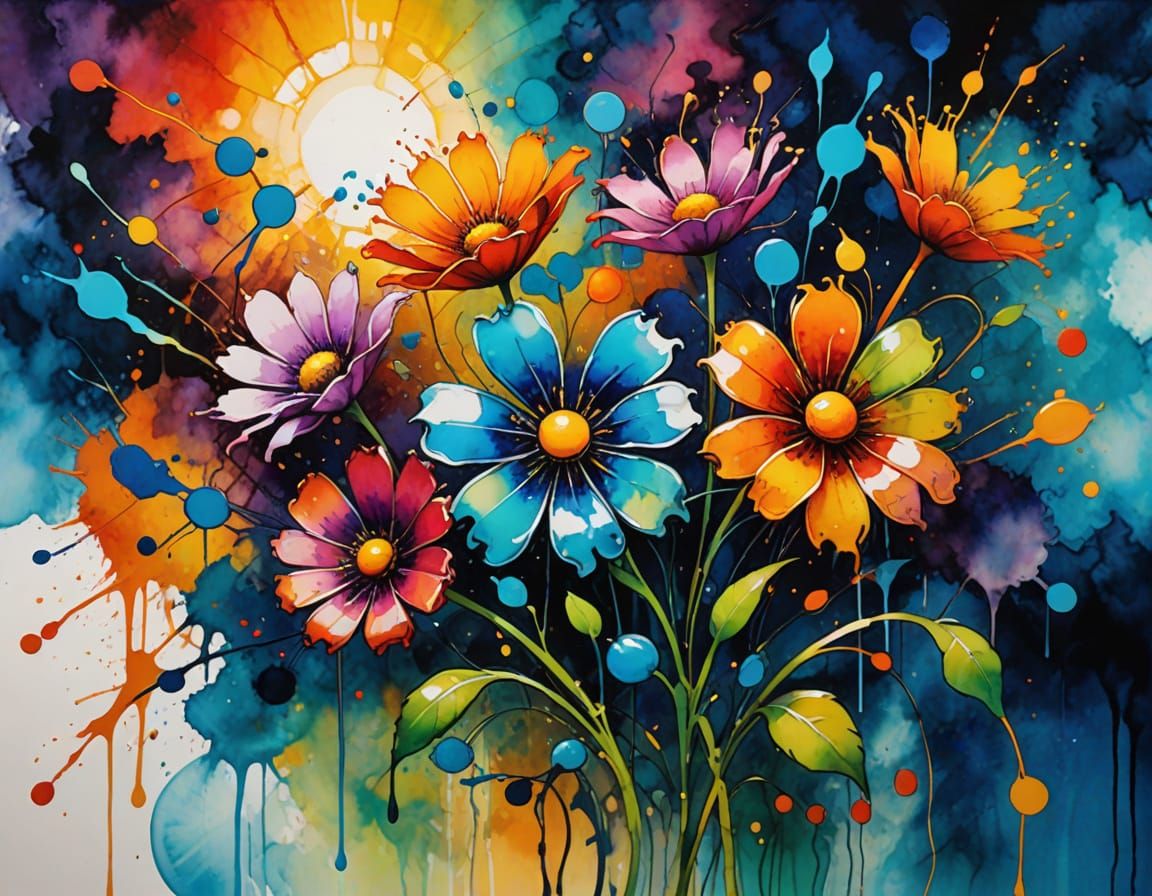 Vibrant Cosmic Flower Bouquet in Mixed Media Style