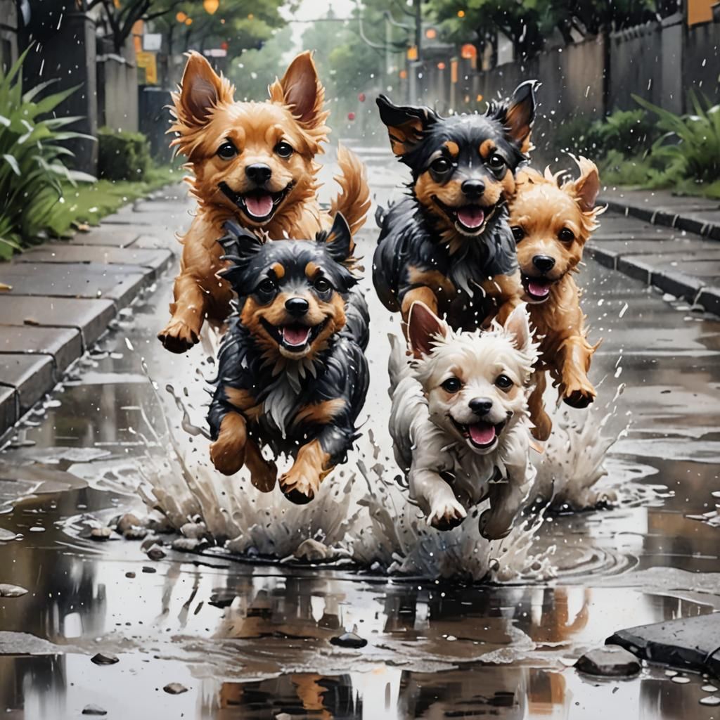 Dogs Splashing: Painterly Cartoon Watercolour Sketch