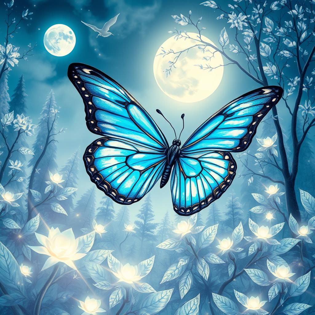 Moonlit Butterfly in Ethereal Forest, Graffiti Art