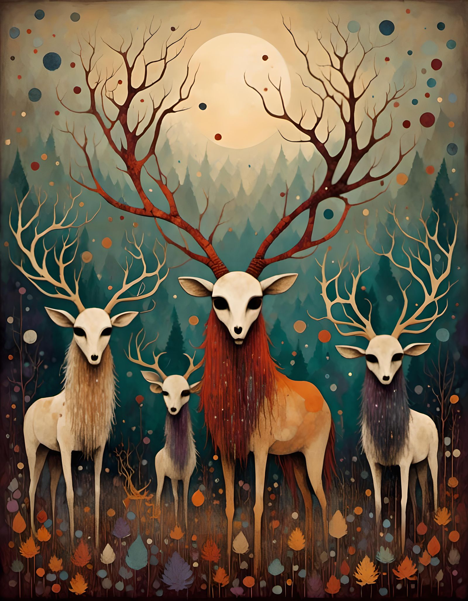 Sinister Druids Reaching for Stars in Whimsical Gothic Style