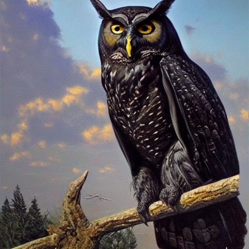 Giant Black Owl in Dark Woods: Oil Painting