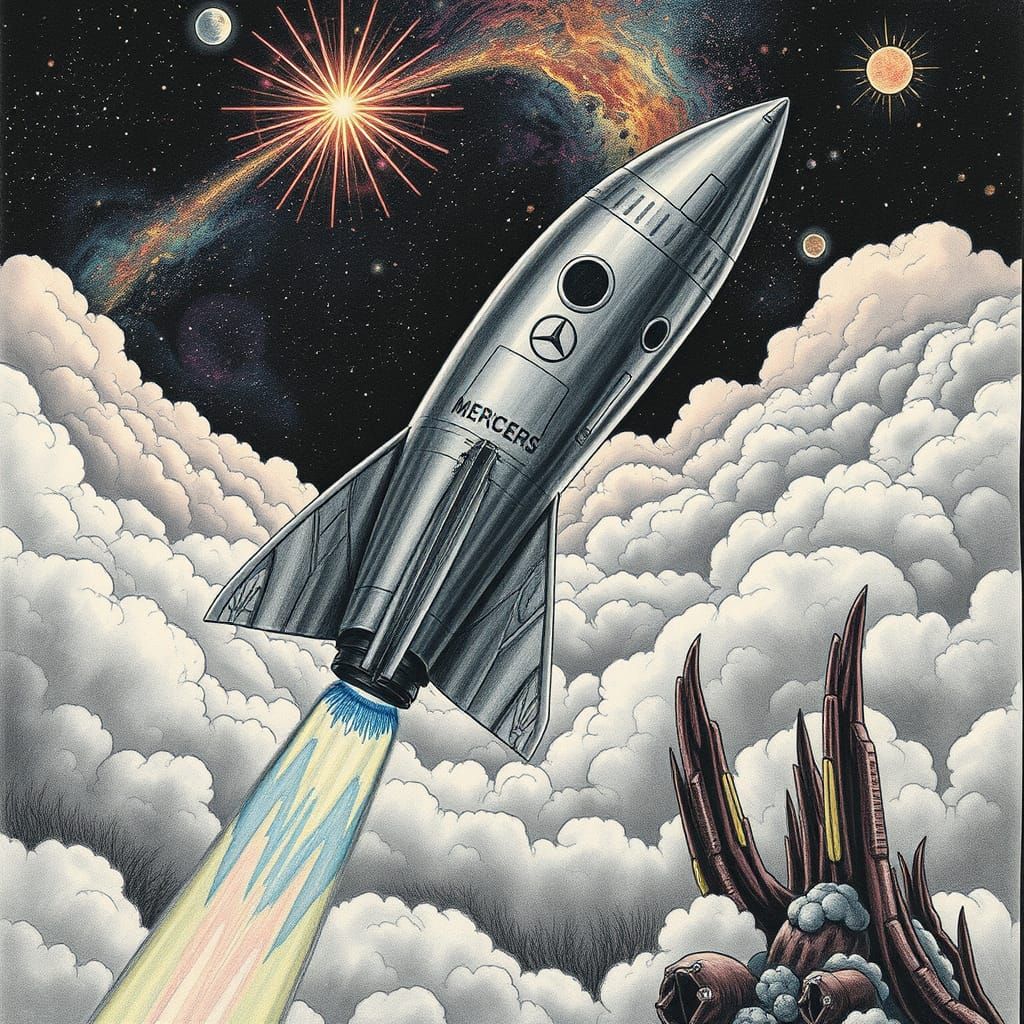 Mercedes Rocket Soars Through Cosmic Clouds in Charcoal Styl...