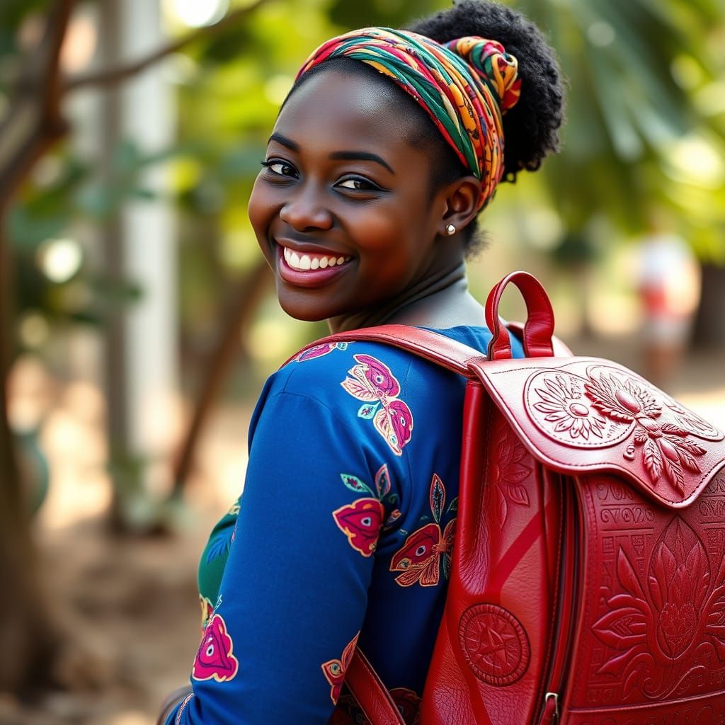 Dark Skinned Woman with Vibrant Red Leather Backpack in Natu...
